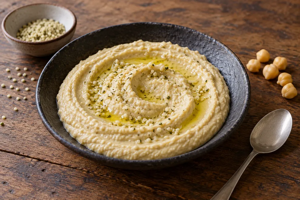 Crema fría de garbanzos en un plato bajo con unas semillas de cáñamo peladas