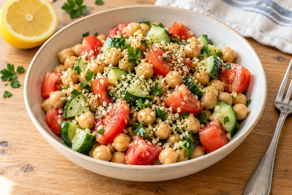 Ensalada de garbanzos, tomate y pepino con semillas de cáñamo peladas