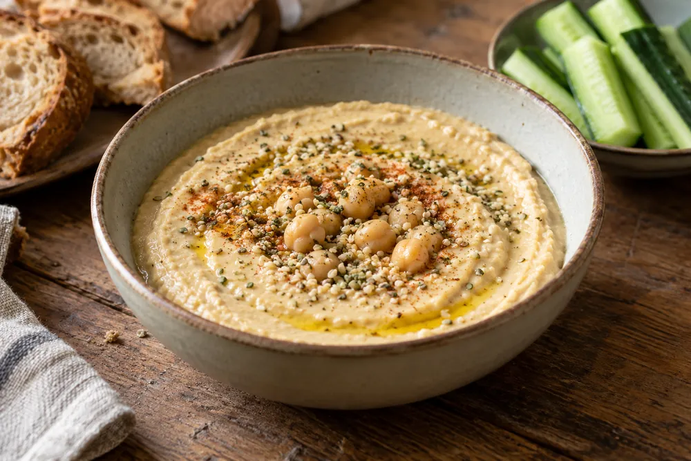 Crema fría de garbanzos con semillas peladas y verduras.