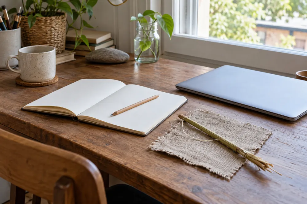 Una mesa de trabajo editorial con muestras de cáñamo y una libreta abierta.