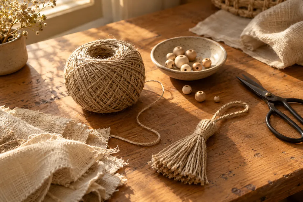 Materiales de artesanía con cordel, retales y cuentas de madera.