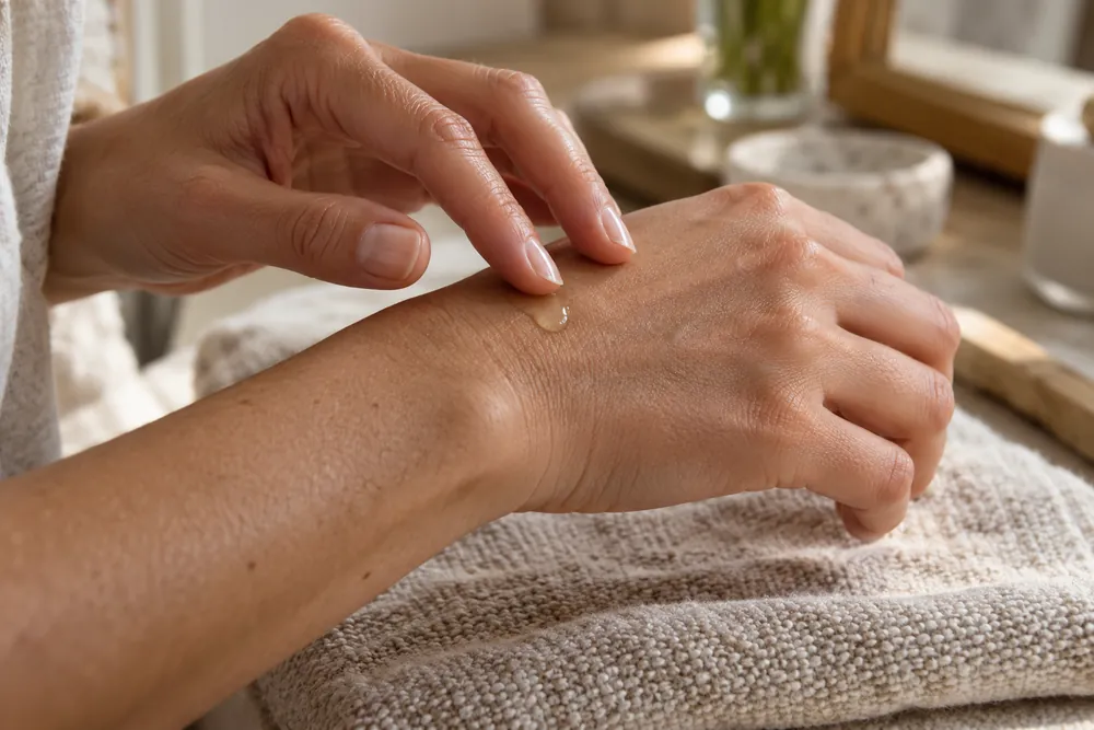 Aplicación de una gota de aceite cosmético sobre el dorso de una mano.