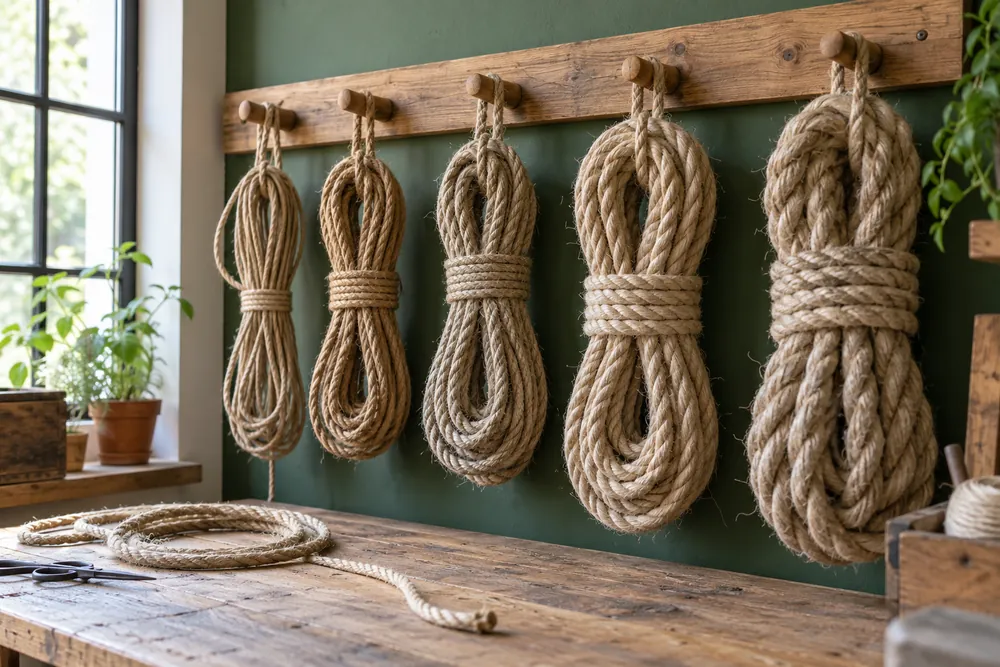 Madejas de cuerda de distintos grosores en un taller.