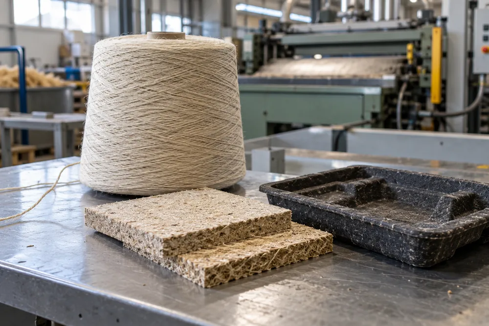 Una bobina industrial de fibra vegetal junto a paneles de material compuesto en un taller.